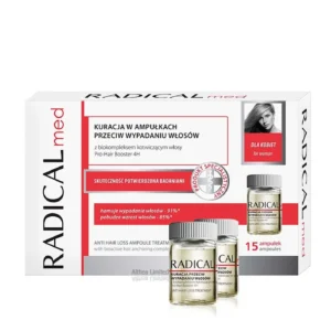 Farmona Radical Med anti-hair loss ampoules for women, a hair growth treatment that strengthens roots, nourishes the scalp, and adds volume for thicker, healthier-looking hair.