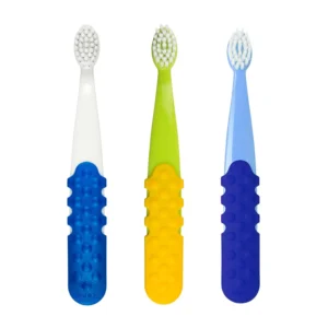 This is a pack of three RADIUS Totz Plus toothbrushes designed for children ages 3 and up, featuring silky soft bristles and a BPA-free design for delicate teeth and gums.