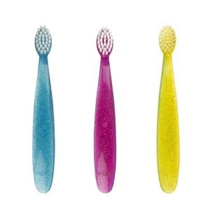 Three pack of RADIUS Totz toothbrushes in blue, coral, and yellow, designed for toddlers with soft bristles, BPA-free materials, and an easy-grip handle.
