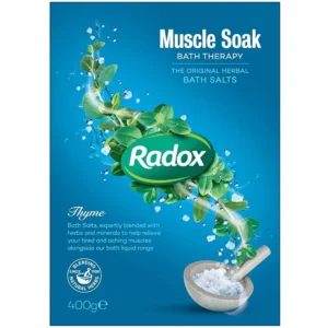 Radox Muscle Soak bath salts with thyme scent, expertly blended with herbs and minerals to soothe tired and aching muscles and leave skin feeling clean and fresh.