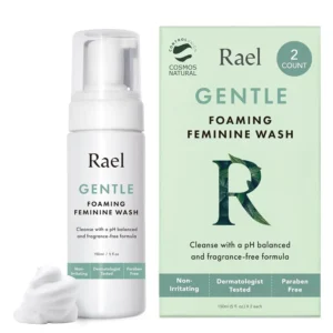 Two bottles of Rael Natural Feminine Cleansing Wash for daily hygiene, made with natural herbs and gynecologist-tested for sensitive skin, promising gentle cleansing and healthy pH balance.