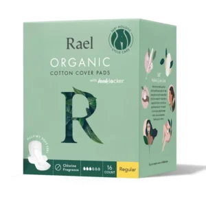 Rael regular ultra-thin pads featuring a 100% certified organic cotton cover with double wings.