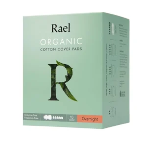 Rael overnight organic cotton pads, ultra thin with double wings, 10 count pack, for comfortable and secure protection during heavy flow nights.
