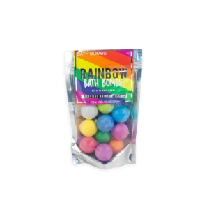 A colorful set of ten Rainbow Bath Bombs with a tropical scent, perfect for a relaxing bath.