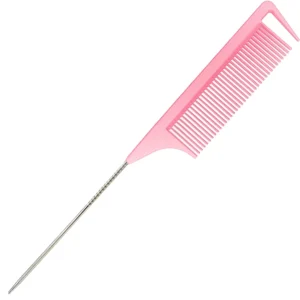 A pink rat tail comb with a stainless steel pintail is displayed, highlighting its fine teeth and design ideal for sectioning, parting, and styling hair.