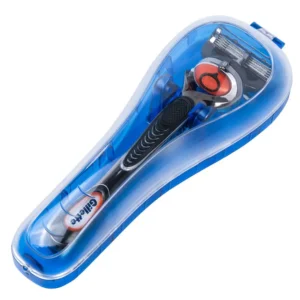 Blue plastic travel case protects a manual razor, keeping it clean and dry during travel.