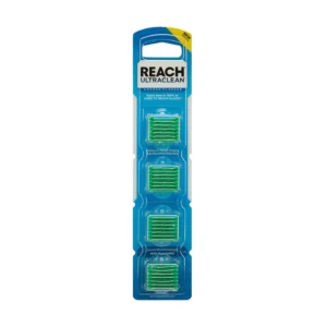 A pack of REACH Ultraclean Access Flosser refill heads with mint flavor, designed to remove plaque from teeth and access hard-to-reach areas for adults and kids.