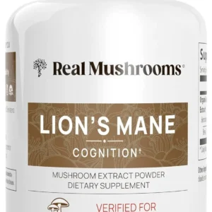 This image shows a bottle of Real Mushrooms Organic Lions Mane capsules containing 120 capsules of extract powder.