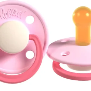 Rebael baby dummies in hot pink, made of natural rubber and designed for newborns and babies aged 0-6 months, offering comfort and soothing.
