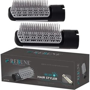 Two black REBUNE brush attachments made of high-temperature resistant nylon, compatible with RE-2025, RE-2025Plus, RE-2078, RE-2024, RE-2013, RE-2017, and most REBUNE hot air comb models.