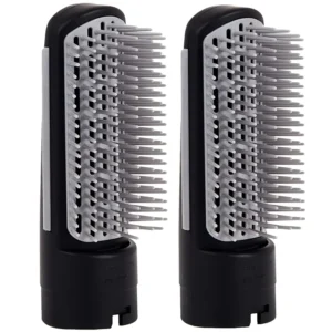 Two black REBUNE hair styler brush attachments compatible with RE-2025, RE-2078, RE-2024, RE-2013, RE-2017 and most REBUNE hot air comb models, made of high temperature resistant nylon material and packaged in a gift box.