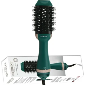 Green REBUNE one-step hair dryer and volumizer brush with negative ionic technology for fast drying and smooth, shiny hair, featuring cool, medium, and high heat settings.