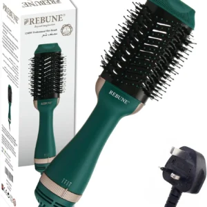 Green REBUNE hot air brush styling tool designed to straighten, dry, and volumize hair in one step with negative ionic technology for smooth, shiny results.