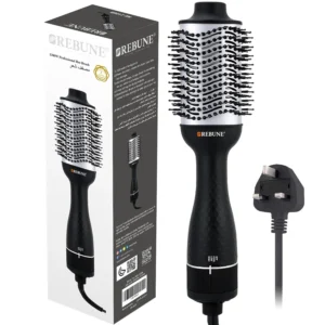 The REBUNE hot air brush is a 1300 watt hair styler with tangle-free tufted bristles, designed to dry, volumize, and style hair with ceramic and ionic technology for less frizz and damage.
