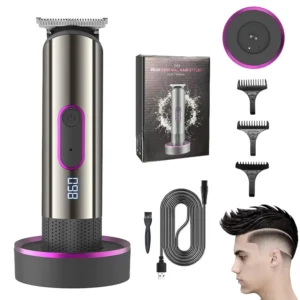 This cordless rechargeable hair clipper and beard trimmer features an LCD display, charging dock, and multiple combs for achieving professional-quality haircuts and beard grooming at home.