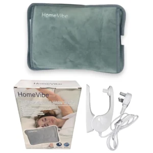 A grey Ninonly HomeVibe rechargeable electric hot water bottle with a soft fleece cover, perfect for warming hands or soothing aches.