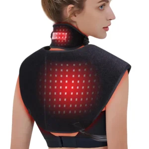 Red light therapy shoulder and neck device with both 660nm and 850nm lights, promoting pain relief and muscle relaxation.