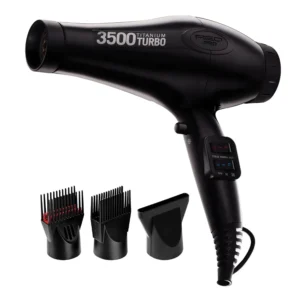 A professional RED Pro 3500 Turbo titanium hair dryer with multiple styling attachments, designed for fast and efficient drying on all hair types.