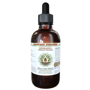 A two-ounce bottle of Hawaii Pharm Rehmannia Alcohol-Free Liquid Extract made from organic Rehmania Glutinosa dried root, a natural herbal supplement crafted with purified water and vegetable glycerin.