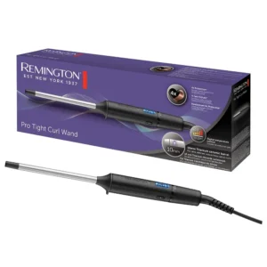 The Remington Pro Tight Curl CI6X10 curling iron with a 10mm titanium coated barrel and digital display, designed for creating tight, long-lasting curls with 4x protection technology.