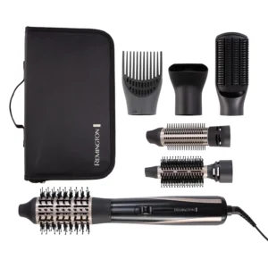 The Remington 1200W Airstyler is shown with six interchangeable attachments, perfect for blow drying and creating salon-worthy hairstyles.
