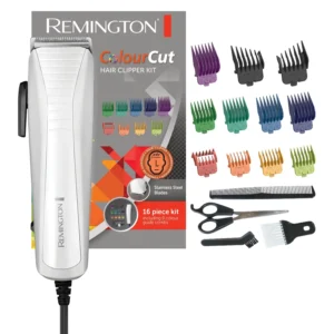 The Remington Color Cut hair clipper features enhanced steel, self-sharpening blades, nine color combs for selecting hair grades, and comfort tip blades for achieving your perfect hair style.