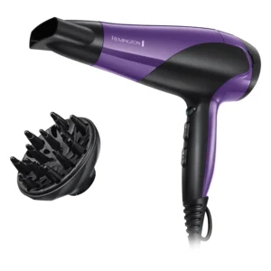 Remington D3190 hair dryer with advanced coating technology for shiny, healthy, and frizz-free hair, featuring diffuser and concentrator attachments.