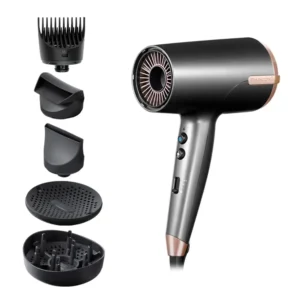 The Remington One Dry & Style hair dryer features multiple attachments, including a flyaway tamer, diffusers, and styling nozzle, designed for fast, customized hair drying with frizz control.