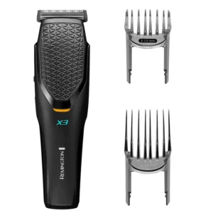 Remington X3 Power-X hair clippers with self-sharpening Japanese steel blades, a precision control dial for 22 cutting lengths, two comfort glide combs, and cord or cordless operation.