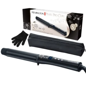 The Remington 32mm curling iron features advanced ceramic with pearl for even heat, creating voluminous curls and natural waves with adjustable temperature.