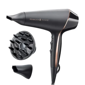 The Remington AC9140B hair dryer features OPTIHeat technology, Style Shot function, and ionic conditioning for fast, frizz-free styling and voluminous results.