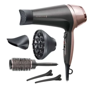 The Remington Curl & Straight Confidence hair dryer with 2200 watts of power and ionic technology delivers fast, frizz-free drying for shiny hair.