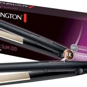 Close-up of a Remington hair straightener with narrow ceramic and teflon floating plates, reaching a high heat of 220 degrees Celsius for superior hair alignment.