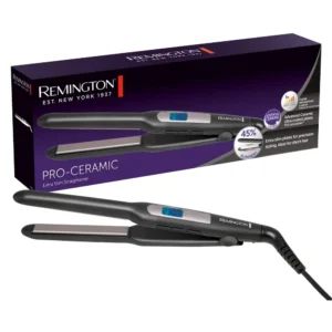 Remington hair straightener with extra-fine plates for styling short hair, bangs, beards and pixies, featuring ultra-ceramic coating and fast heating.