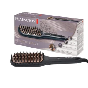 The Remington hair straightening brush features advanced ceramic bristles and anti-static coating for smooth, frizz-free results with adjustable heat settings.
