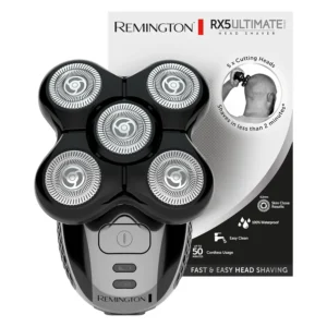 Dark grey Remington electric head shaver with five rotary cutting heads, designed for a smooth 0.2mm shave in under 2 minutes.