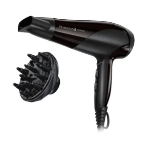Remington ion hair dryer with styling nozzle and diffuser attachments for gentle styling, reduced static, and extra volume.
