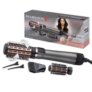 The Remington Keratin Protect Rotating Fan Brush AS8811 features 1000W power, cold air setting, 3-meter swivel cord, and includes brush accessories for faster drying and styling.