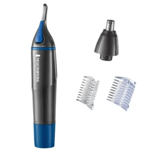 Silver Remington NE3850 nose, ear, and eyebrow trimmer with active blade clean system, vertical guide combs, comfort tip blades and dual sided trimmers for safe and easy use.