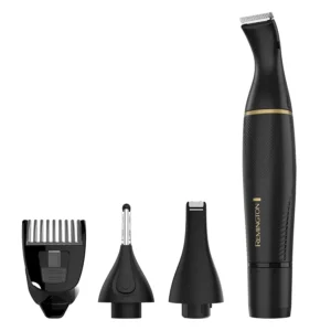 The Remington precision detail trimmer in black and gold comes with multiple attachments for trimming nose, ear, and eyebrows.