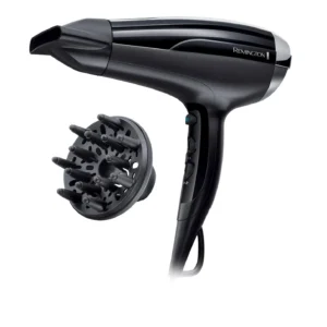 The black Remington Pro Air Shine Hair Dryer, model D5215, uses an ion generator for frizz-free, shiny salon-quality results and includes a concentrator nozzle and Thermo-Protect setting.