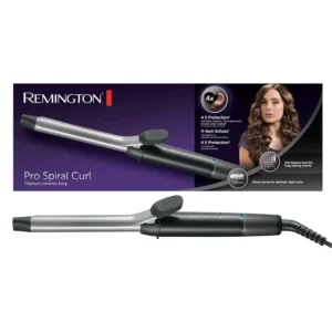 A silver and black Remington Pro Spiral Curling Tong for creating defined spiral curls.