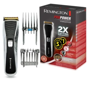 A black Remington Pro Power Titanium PLUS Hair Trimmer with AcuAngle and titanium-coated blades, featuring SlideSelect adjustable combs for achieving various hair lengths.