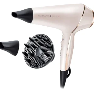 Black Remington ProLuxe hair dryer with Thermaluxe technology for 50 percent faster drying and a frizz-free, silky smooth finish, suitable for all hair types.
