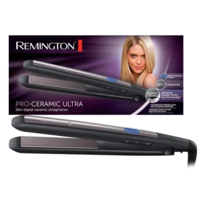 The Remington S5505 black straightener features advanced ceramic ultra coating for 75% smoother glide, a digital display, and heats up in 15 seconds.