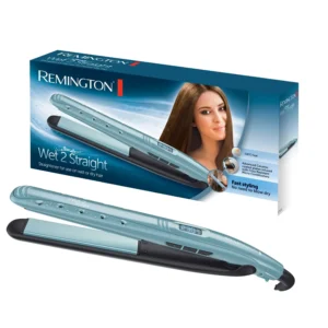 The Remington Wet2Straight ceramic hair straightener dries and straightens hair, featuring an LCD display and heat-activated anti-frizz technology.