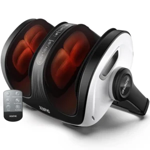 RENPHO foot and calf massager machine with adjustable support bar provides heated shiatsu massage for feet, ankles, calves, legs, and arms, offering customizable intensity and timing options.