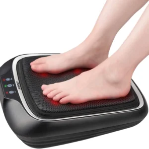 The RENPHO foot massager with heat provides deep kneading shiatsu massage for feet and back, featuring a washable mesh cover and fitting feet up to size 14.