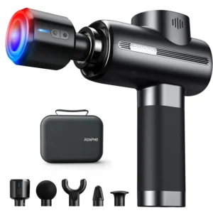The RENPHO Thermacool massage gun in black provides deep tissue muscle relaxation with its heating and cooling massage head, offering a portable and quiet massage experience at home, the office, or after a workout.