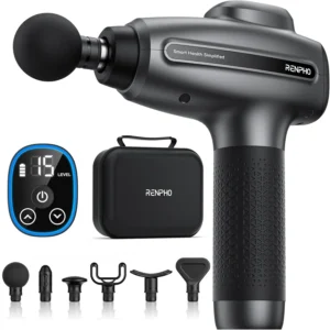 The RENPHO deep tissue massage gun offers percussion therapy for muscle pain relief and recovery, featuring six massage heads and an LED touchscreen for adjustable speeds.